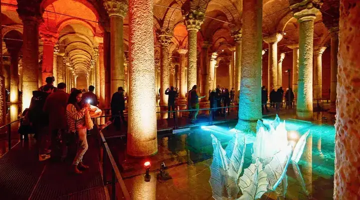 Visitor walkway and columns inside Basilica Cistern in Istanbul