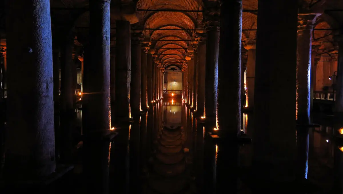 Basilica Cistern columns and reflective water walkway