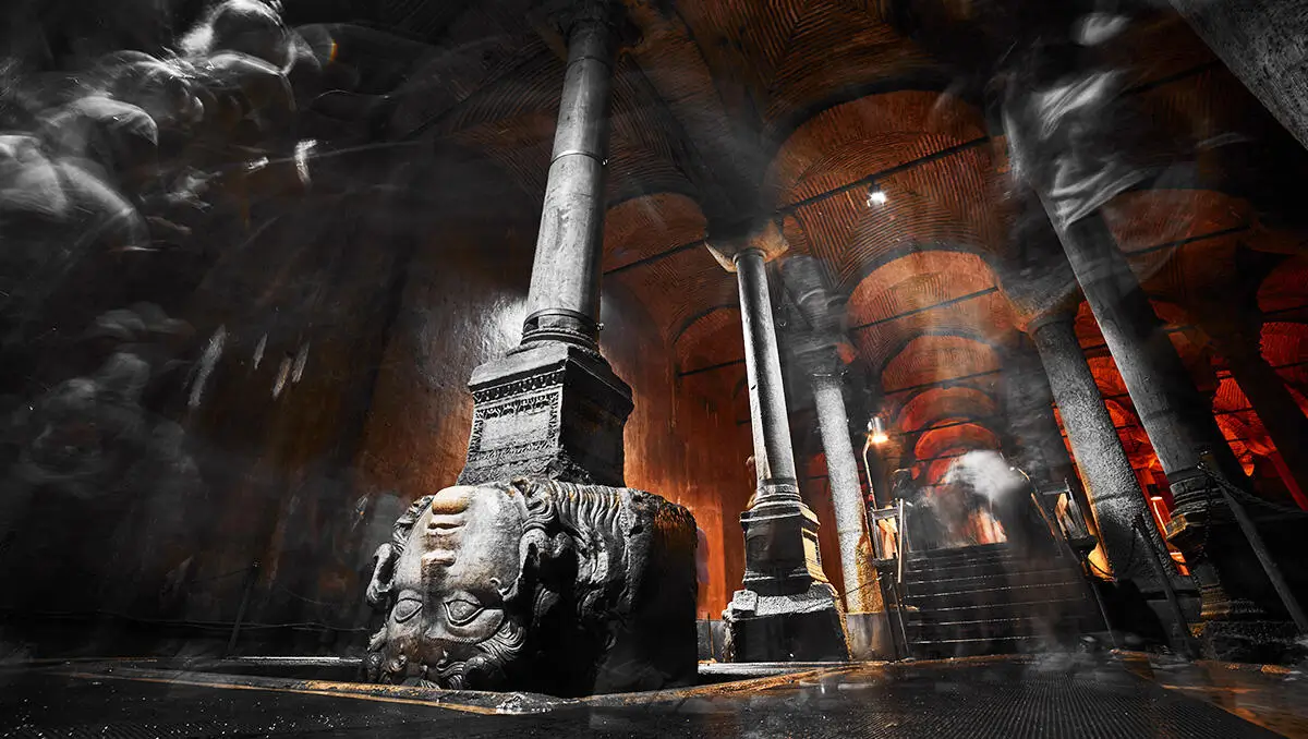 Basilica Cistern underground chamber and Byzantine columns overview